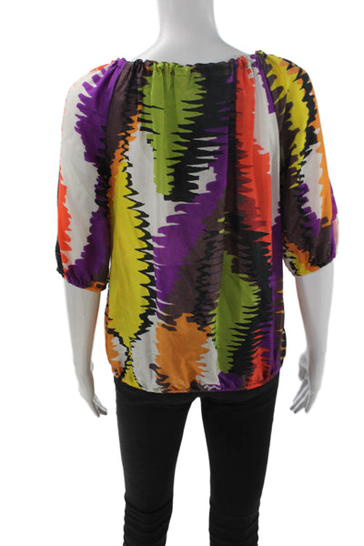 Trina Turk Womens Tunic Blouse Black Silk Graphic Print Short Sleeve Size S