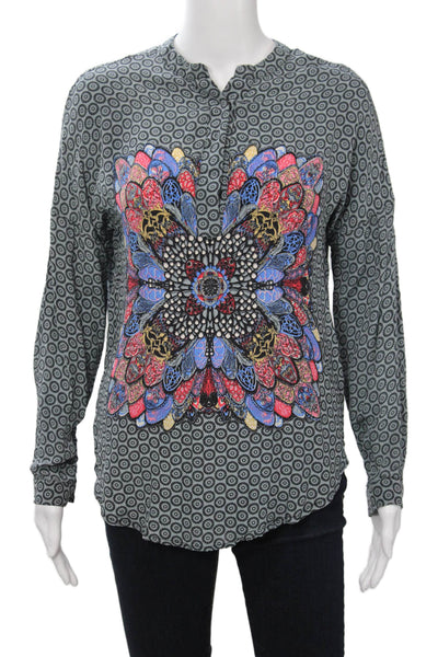 Tolani Womens Tunic Blouse Black Silk Long Sleeve Geometric Print Size S