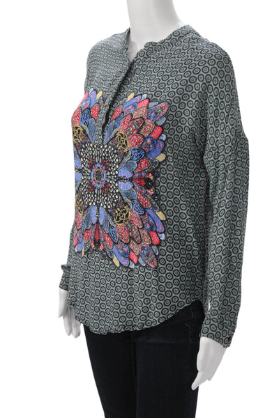 Tolani Womens Tunic Blouse Black Silk Long Sleeve Geometric Print Size S