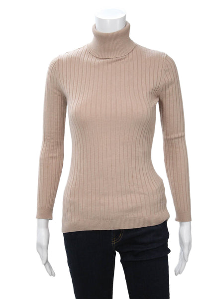 Beige Women Pullover Turtleneck Striped Long Sleeve Sweater Size S