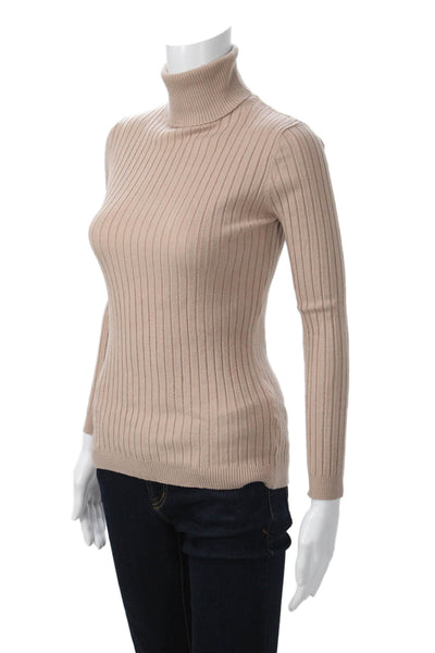 Beige Women Pullover Turtleneck Striped Long Sleeve Sweater Size S