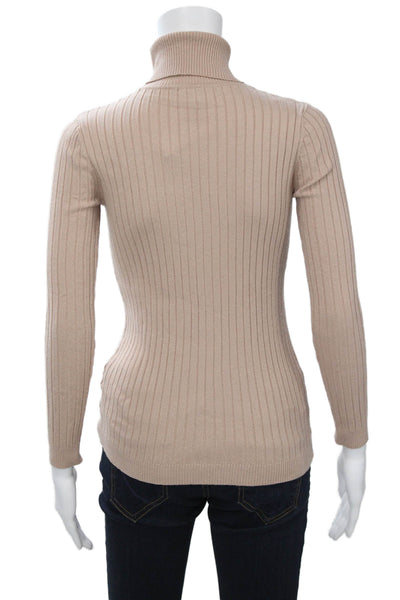 Beige Women Pullover Turtleneck Striped Long Sleeve Sweater Size S