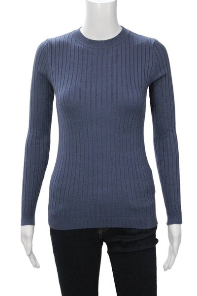 Beige Women Pullover Striped Crew Neck Dark Blue Sweater Long Sleeve Size S