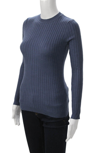 Beige Women Pullover Striped Crew Neck Dark Blue Sweater Long Sleeve Size S