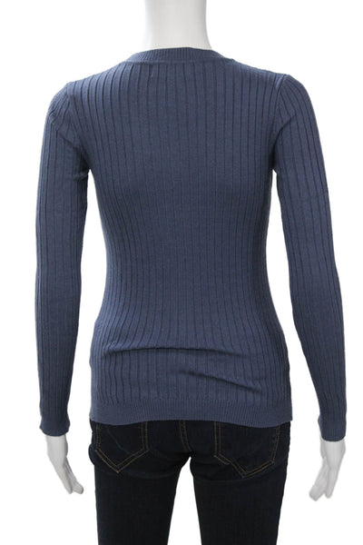 Beige Women Pullover Striped Crew Neck Dark Blue Sweater Long Sleeve Size S