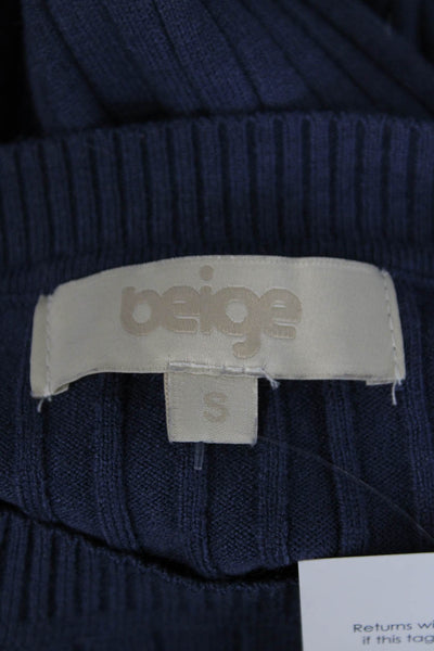 Beige Women Pullover Striped Crew Neck Dark Blue Sweater Long Sleeve Size S