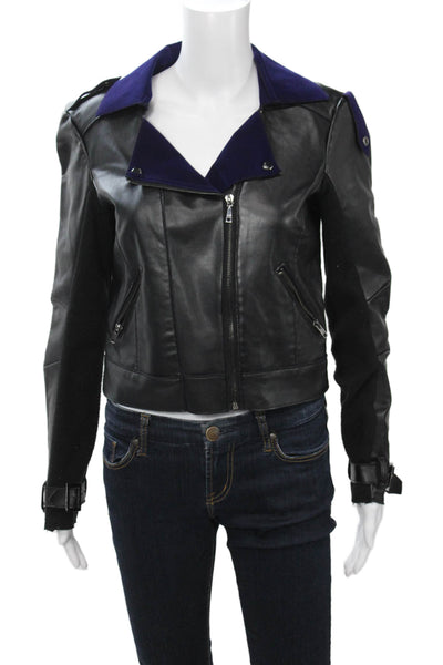 GUESS Women Biker Motorcycle Jacket Black Buckle Collared Polyurethane Size M