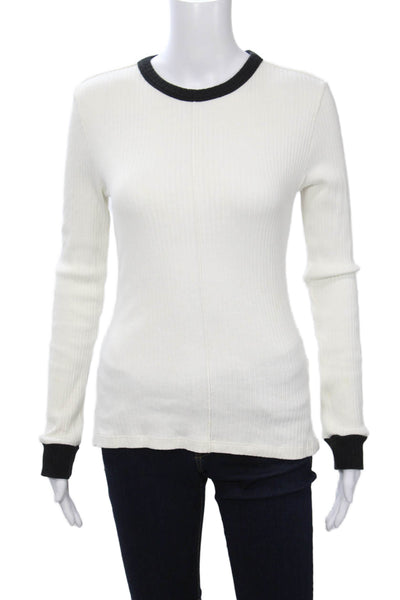 Parni Women White Ringer T-Shirt Long Sleeve Crew Neck Cotton Size S