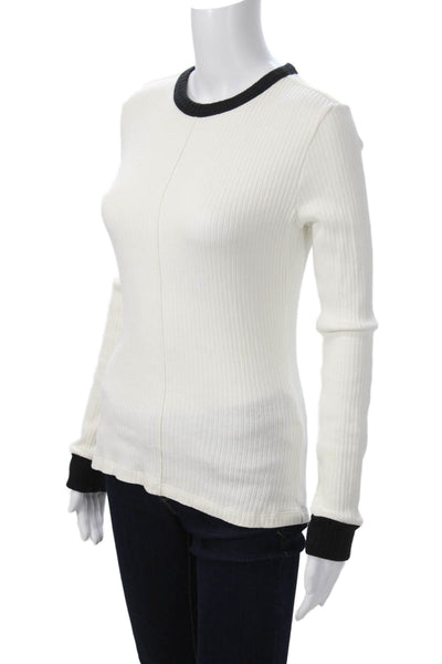 Parni Women White Ringer T-Shirt Long Sleeve Crew Neck Cotton Size S