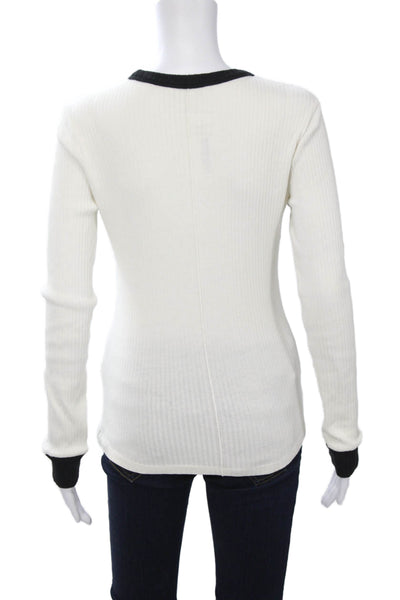 Parni Women White Ringer T-Shirt Long Sleeve Crew Neck Cotton Size S