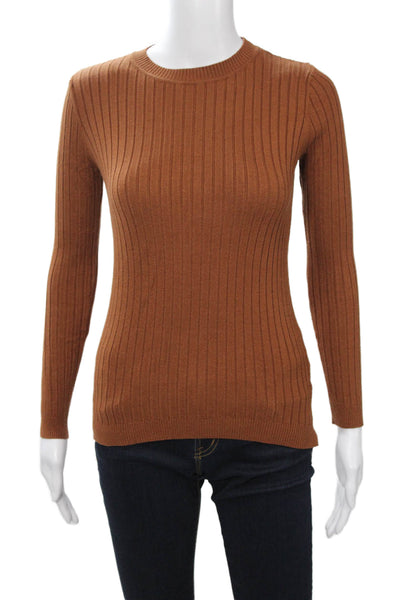 Beige Women Brown Striped Crew Neck Pullover Sweater Viscose Blend Size S