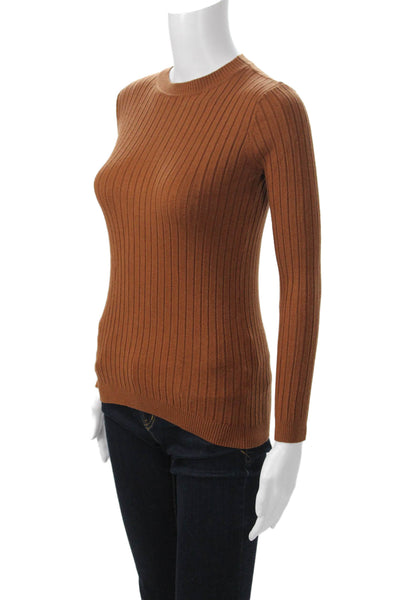Beige Women Brown Striped Crew Neck Pullover Sweater Viscose Blend Size S