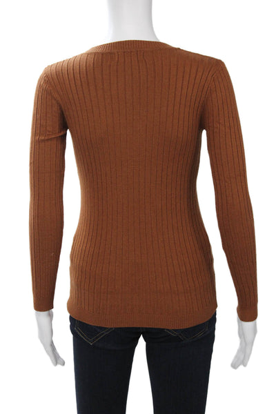 Beige Women Brown Striped Crew Neck Pullover Sweater Viscose Blend Size S