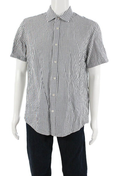 Michael Kors Mens Button Front Short Sleeve Striped Shirt White Gray Size Large