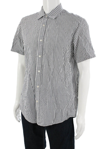 Michael Kors Mens Button Front Short Sleeve Striped Shirt White Gray Size Large