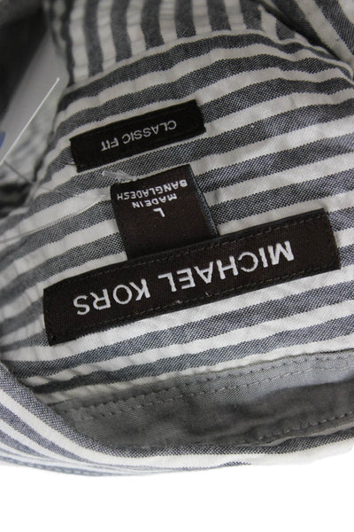 Michael Kors Mens Button Front Short Sleeve Striped Shirt White Gray Size Large