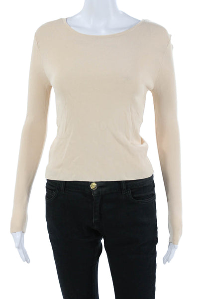 Zara Womens Basic Beige Round Neck Long Sleeve Button Top Size S