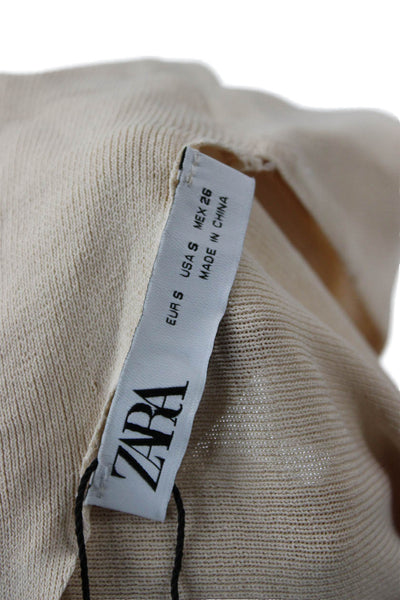 Zara Womens Basic Beige Round Neck Long Sleeve Button Top Size S
