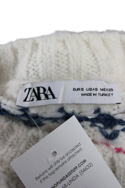 Zara Unisex 80s Fair Isle Pullover Sweater White Crew Neck Size S