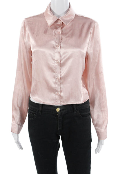 RO&DE Women Cropped Collared ButtonUp Blouse Pink Long Sleeve Polyester Size XS