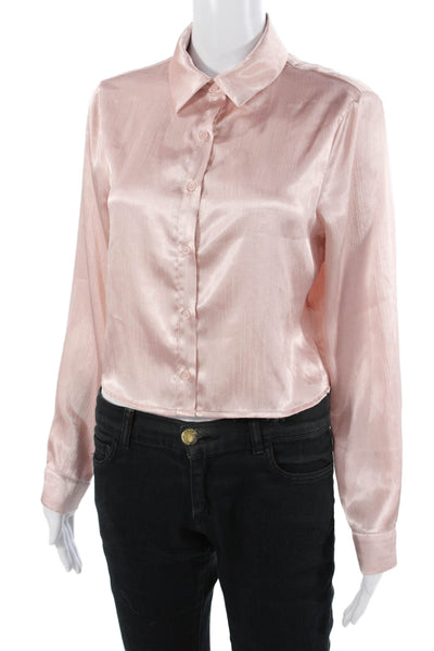RO&DE Women Cropped Collared ButtonUp Blouse Pink Long Sleeve Polyester Size XS