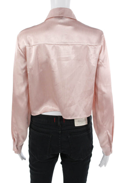 RO&DE Women Cropped Collared ButtonUp Blouse Pink Long Sleeve Polyester Size XS