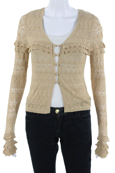 Zara Womens Cardigan Beige V Neck Geometric Button Long Sleeve Size S