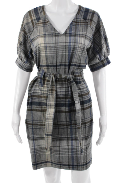 French Connection Womens Shirt Dress Blue Plaid V-Neck Short Sleeve Size 4