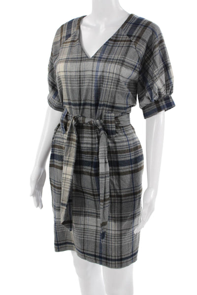 French Connection Womens Shirt Dress Blue Plaid V-Neck Short Sleeve Size 4