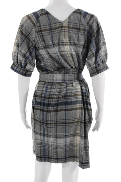 French Connection Womens Shirt Dress Blue Plaid V-Neck Short Sleeve Size 4