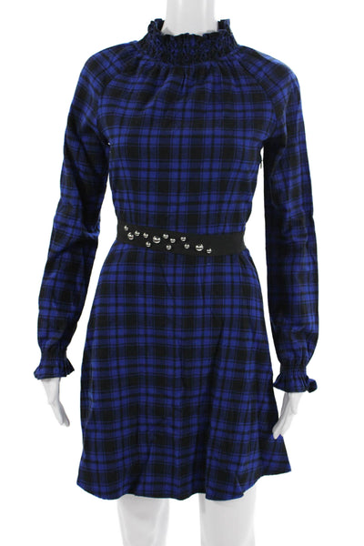 Maje Womens A-Line Shirt Dress Black Plaid High Neck Long Sleeve Cotton Size 1