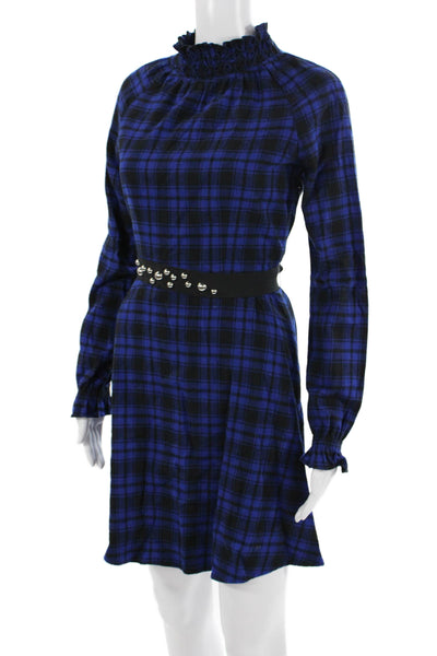 Maje Womens A-Line Shirt Dress Black Plaid High Neck Long Sleeve Cotton Size 1