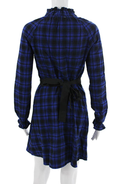 Maje Womens A-Line Shirt Dress Black Plaid High Neck Long Sleeve Cotton Size 1