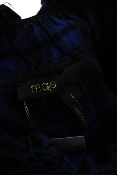 Maje Womens A-Line Shirt Dress Black Plaid High Neck Long Sleeve Cotton Size 1