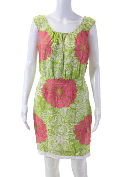 Trina Turk Women Shift Sundress Green Floral Silk Sleeveless Knee-Length Size 4