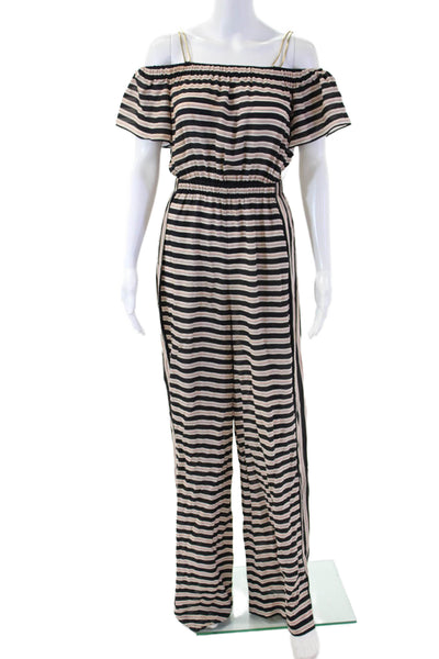 Rachel Zoe Women Beige Silk Striped Cold Shoulder Jumpsuit Short Sleeve Size 4