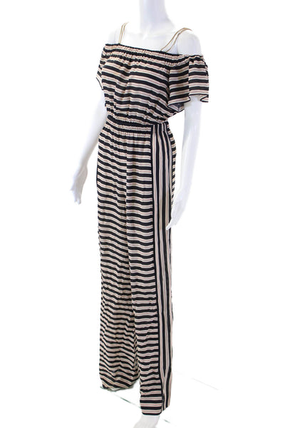 Rachel Zoe Women Beige Silk Striped Cold Shoulder Jumpsuit Short Sleeve Size 4