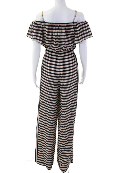 Rachel Zoe Women Beige Silk Striped Cold Shoulder Jumpsuit Short Sleeve Size 4