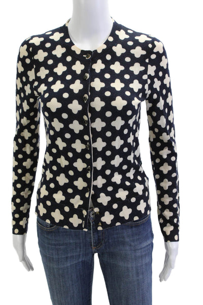 J Crew Women Cardigan Dark Blue Geometric Crew Neck Button Polyester Size S