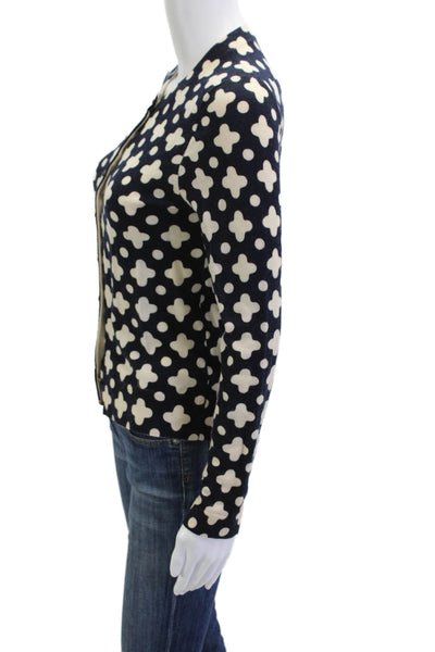 J Crew Women Cardigan Dark Blue Geometric Crew Neck Button Polyester Size S