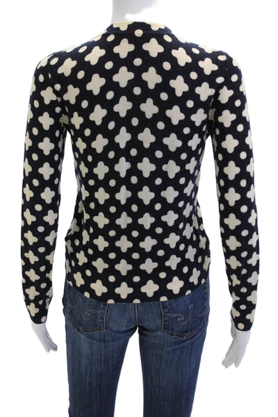 J Crew Women Cardigan Dark Blue Geometric Crew Neck Button Polyester Size S