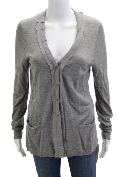 Elie Tahari Women Cardigan Gray V-Neck Button Long Sleeve Merino Wool Size M