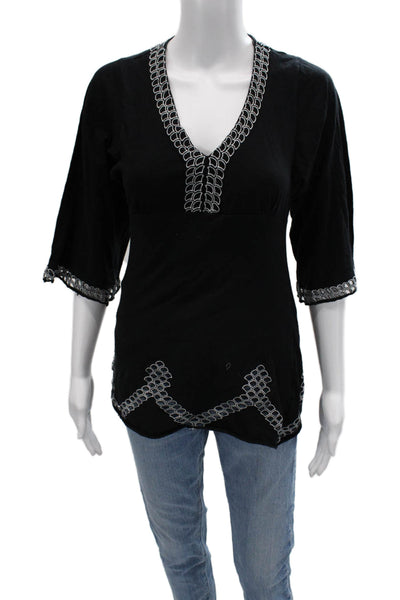 BCBG Max Azria Women Tunic Black V-Neck 3/4 Sleeve 100% Cotton Bohemian Size S