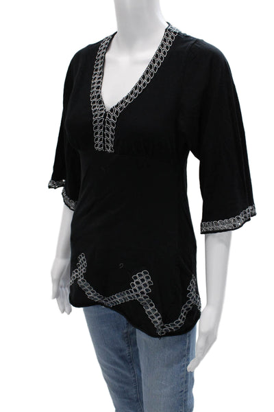 BCBG Max Azria Women Tunic Black V-Neck 3/4 Sleeve 100% Cotton Bohemian Size S