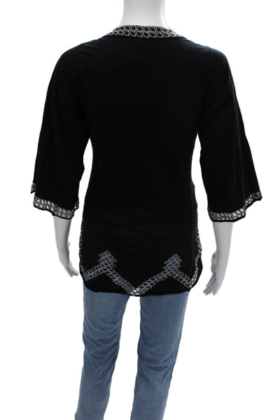 BCBG Max Azria Women Tunic Black V-Neck 3/4 Sleeve 100% Cotton Bohemian Size S