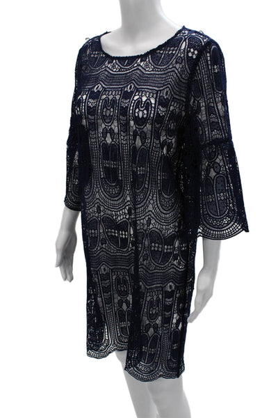 Le Gali Women Shift Dress Dark Blue Geometric 3/4 Sleeve Round Neck Size M