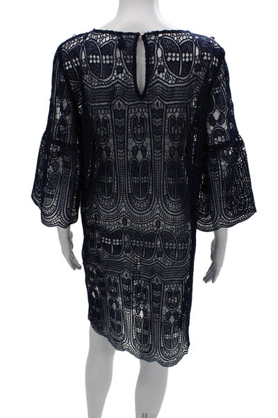 Le Gali Women Shift Dress Dark Blue Geometric 3/4 Sleeve Round Neck Size M