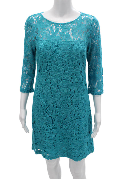 Trina Turk Women Shift Dress Blue 3/4 Sleeve Round Neck Knee Length Size 6