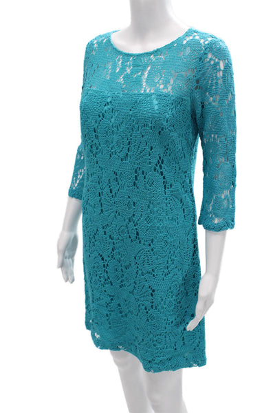 Trina Turk Women Shift Dress Blue 3/4 Sleeve Round Neck Knee Length Size 6