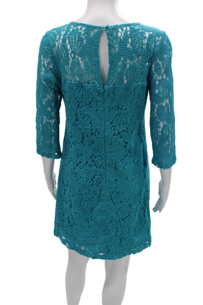 Trina Turk Women Shift Dress Blue 3/4 Sleeve Round Neck Knee Length Size 6
